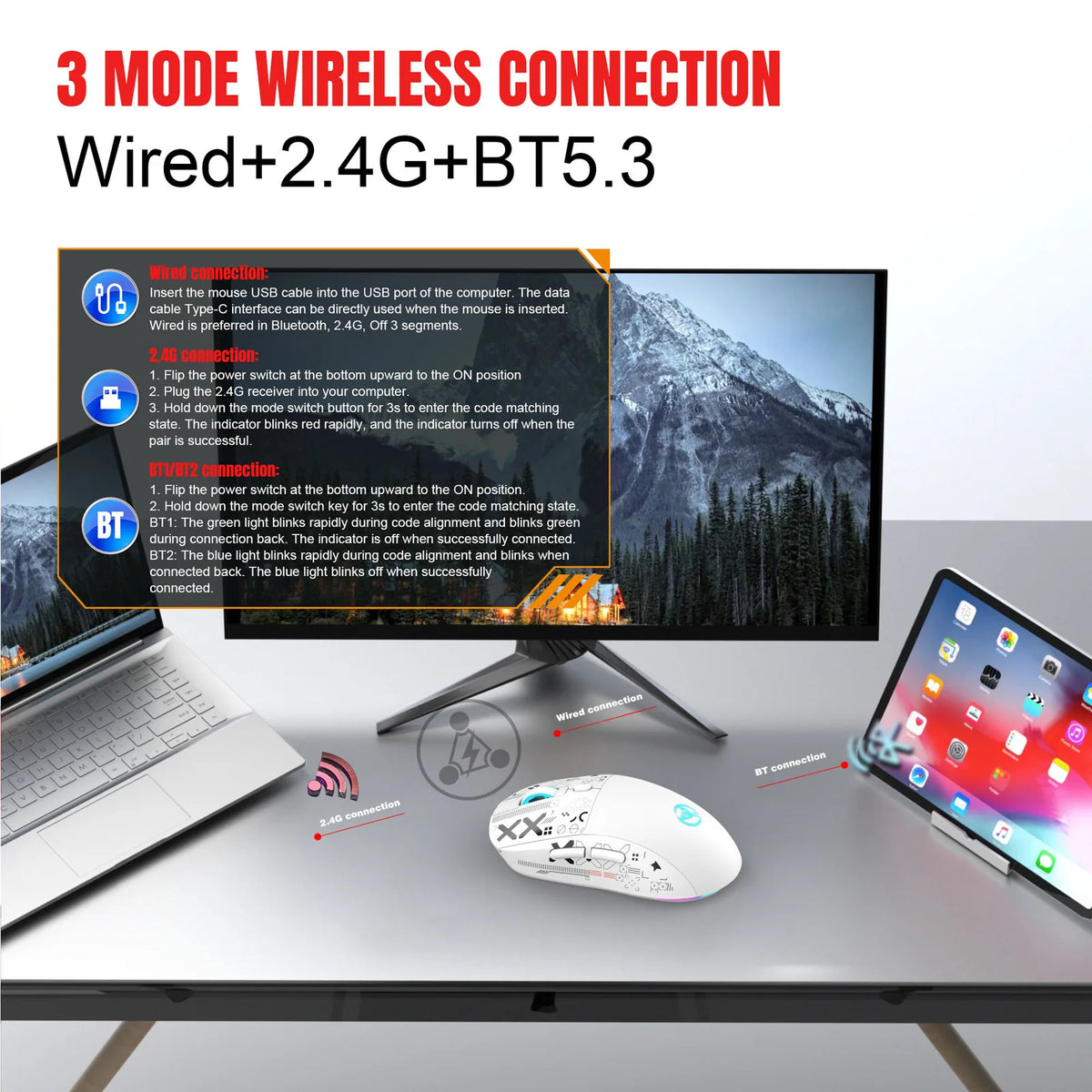 Tri-Mode Wireless Silent Gaming Mouse